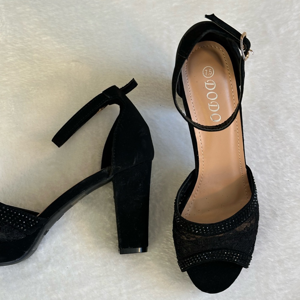 Black lace & rhinestone block heel sandals.